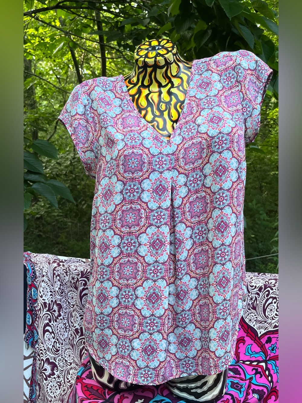 DR2 Pink and Light Blue V-Neck Short Sleeve Tunic